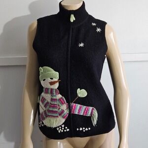 Coldwater Creek Holiday Snowman Black Boiled Wool Sweater Vest Size S